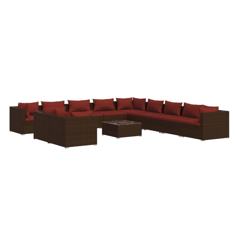 Salon de jardin 12 pcs avec coussins marron résine tressée
