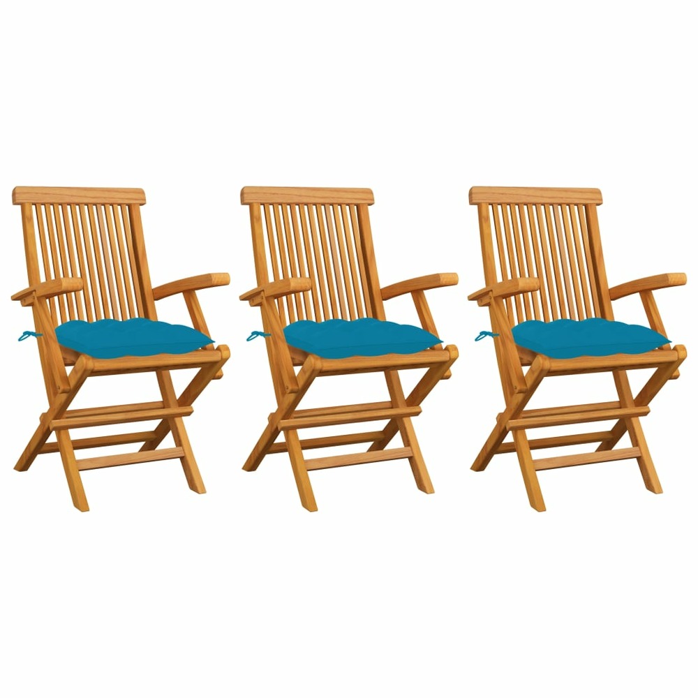 Chaises de jardin avec coussins bleu clair 3 pcs teck massif