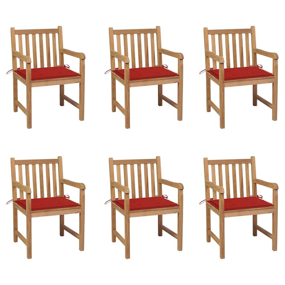 Chaises de jardin lot de 6 et coussins rouge bois teck massif