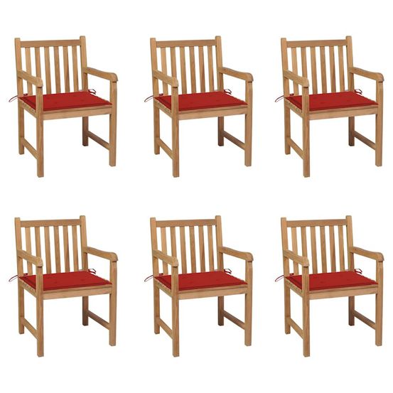 Chaises de jardin lot de 6 et coussins rouge bois teck massif
