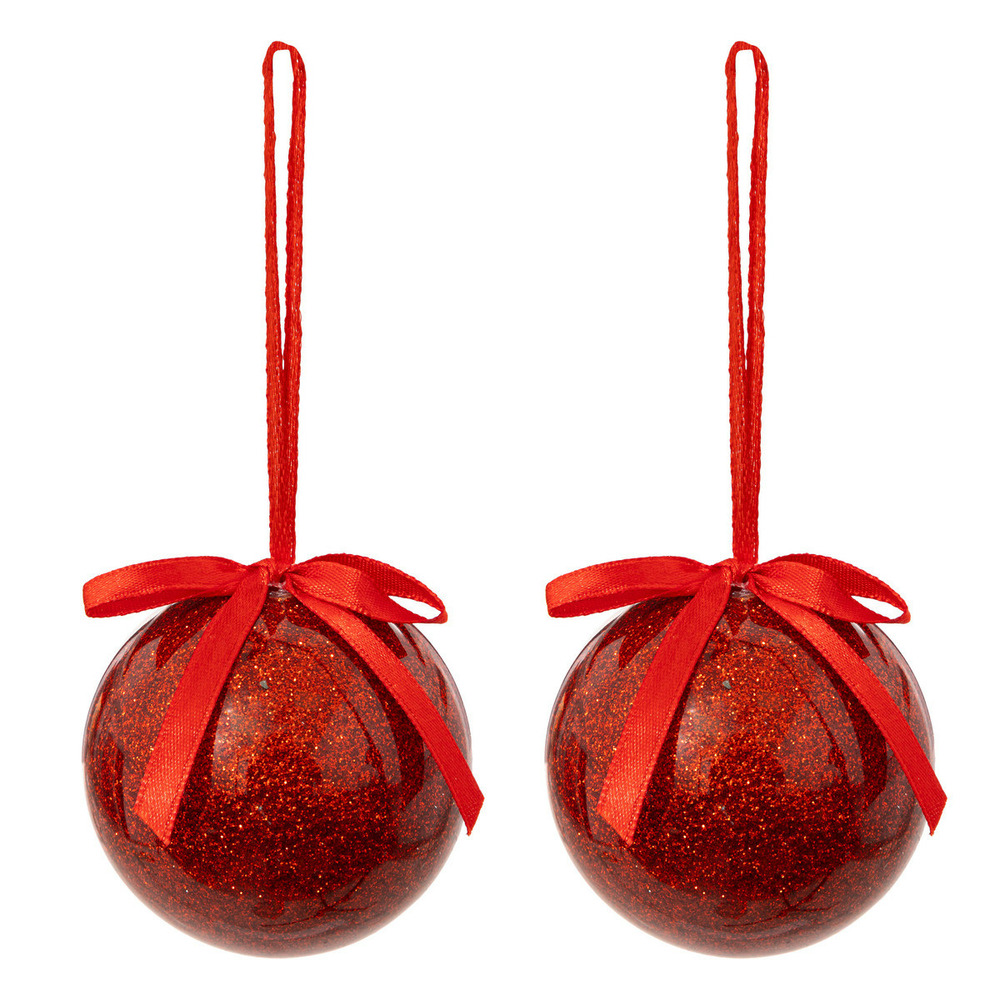 Déco sapin lot de 2 boules de noël rouge pailleté d 6 cm