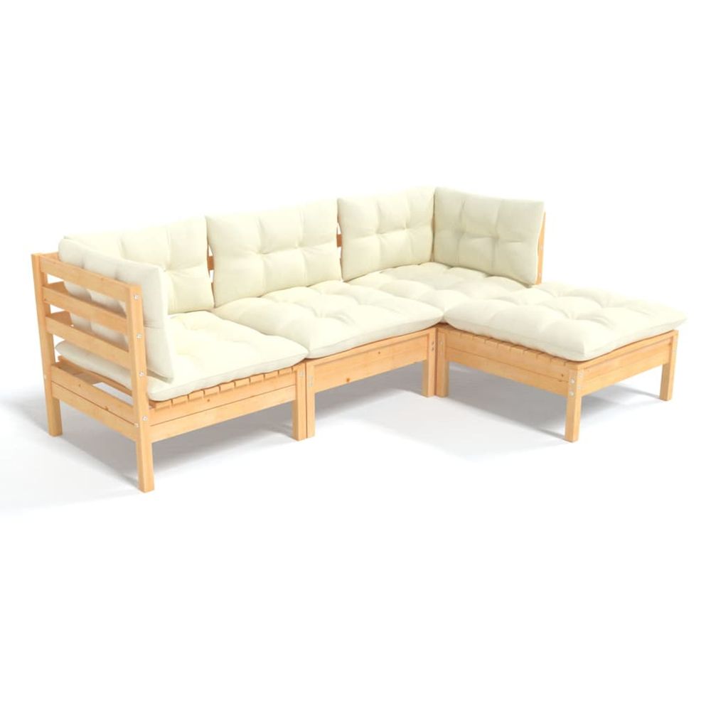 Salon de jardin 4 pcs avec coussins crème bois de pin