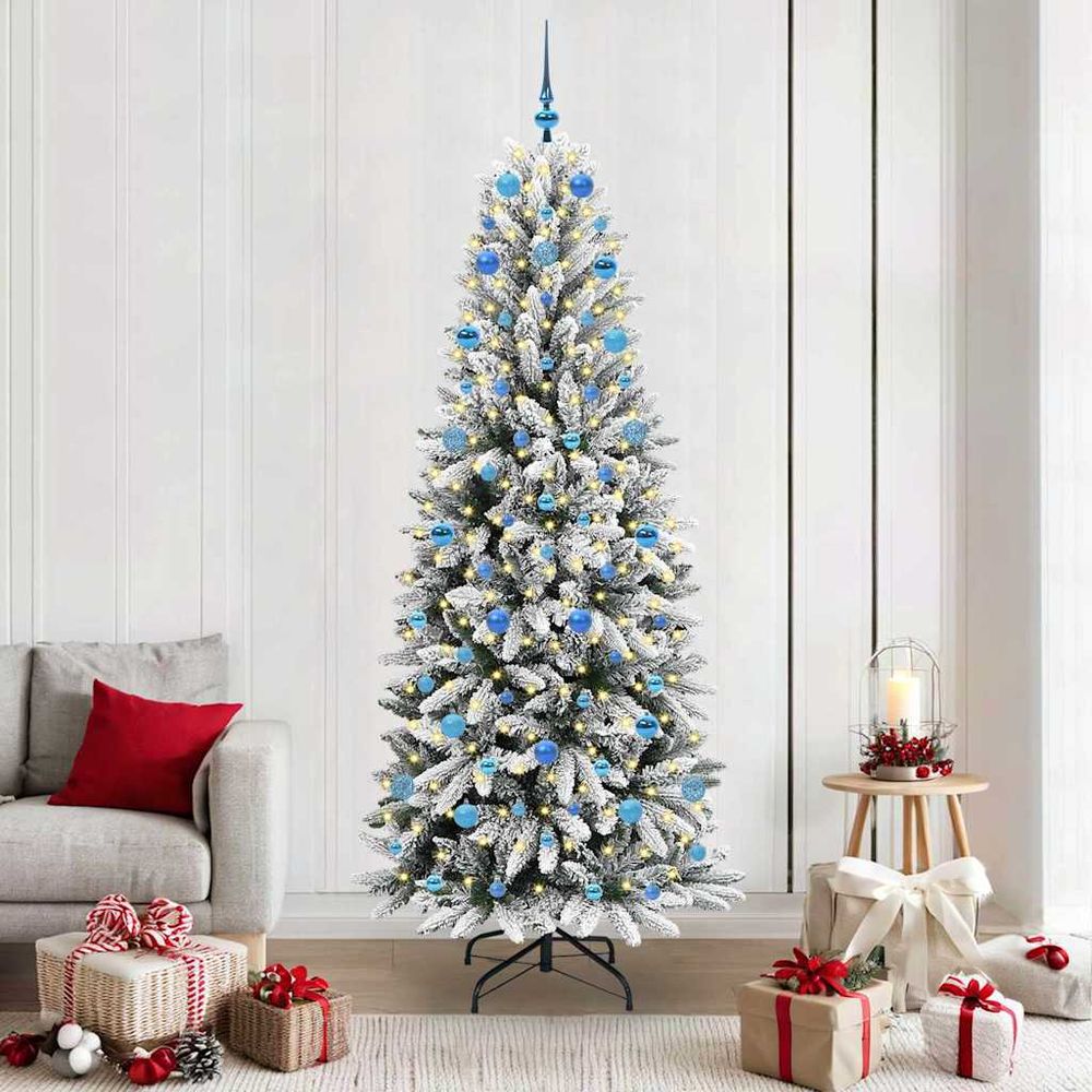 Sapin de noël hivernal blanc 210cm, décoration complète avec 300 led et 120 boules de noël