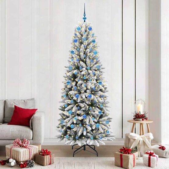 Sapin de noël hivernal blanc 210cm, décoration complète avec 300 led et 120 boules de noël