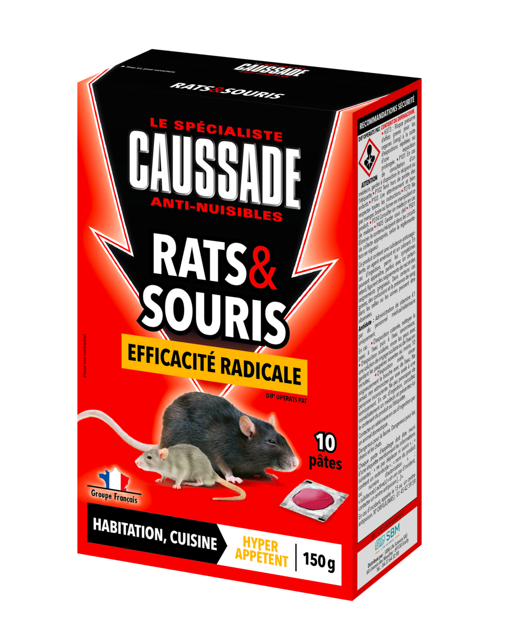 Caussade anti rats & souris - efficacité radicale - lieux secs & humides - 10 sachets pâtes - prêt à l'emploi - 150g - carsptdf150n