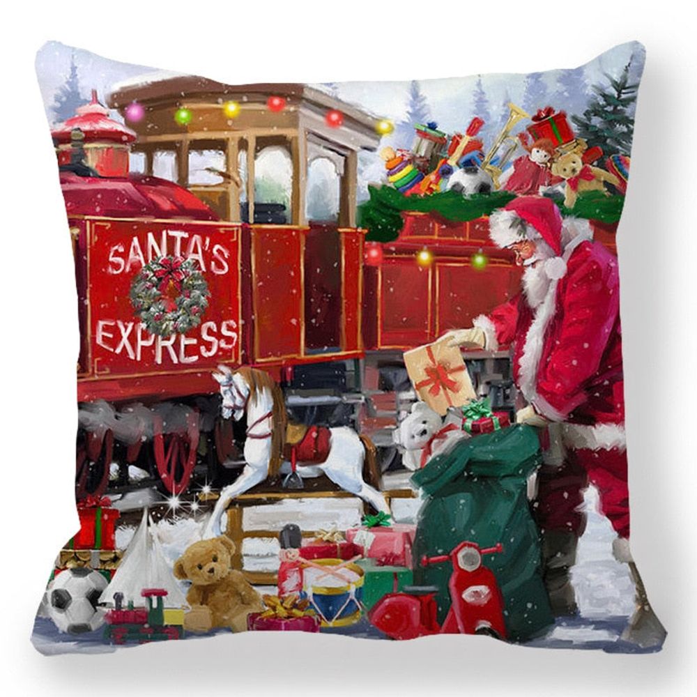 Housse de coussin de noël - père noël avec cadeaux