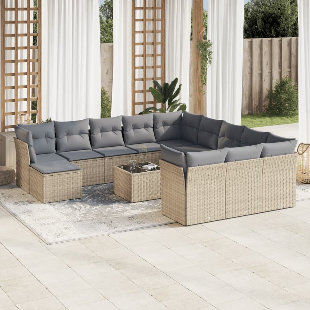 Salon de jardin avec coussins 13 pcs beige résine tressée