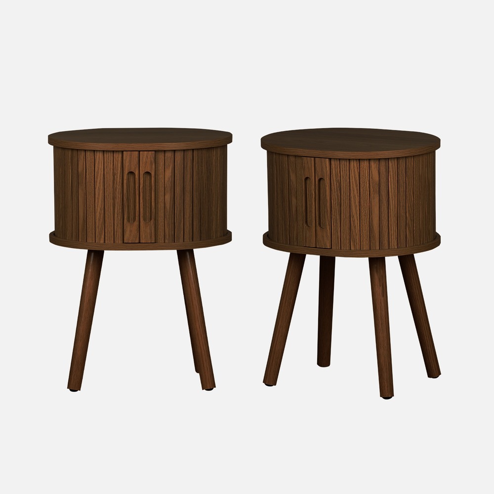 Lot de 2 tables de chevet ovale 2 portes coulissantes poignées creusées, effet bois rainuré, l40 x l34 x h54,8cm