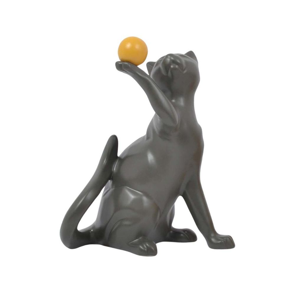 Statuette en céramique chat avec balle shadow gris