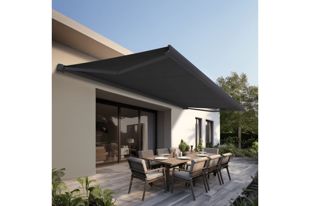 Store banne coffre intégral protect2 led smart gris ant. 4,05x3,5m mot. À télécommande+capteur vent +eclairage led -toile grise ant.