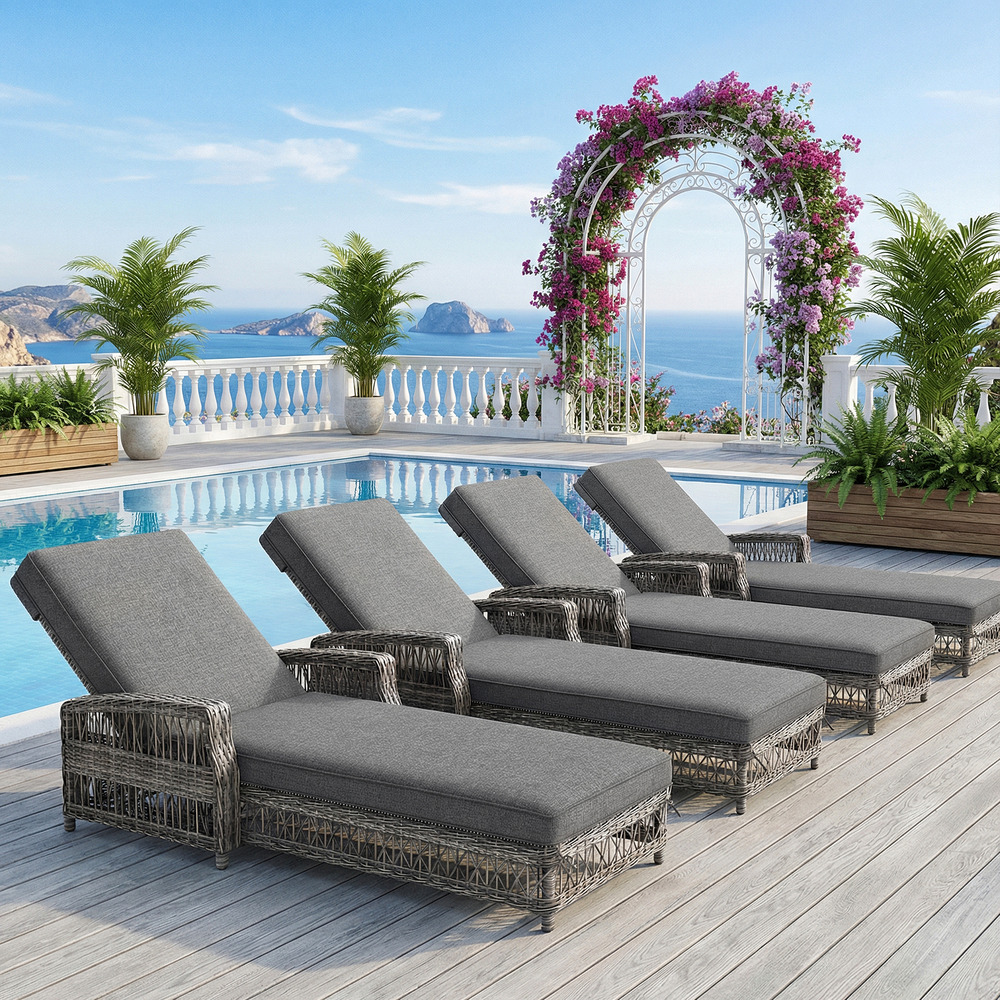 Ensemble de 4 chaises longues en rotin, résistantes aux intempéries, avec dossier réglable, pour terrasse et balcon, grises.