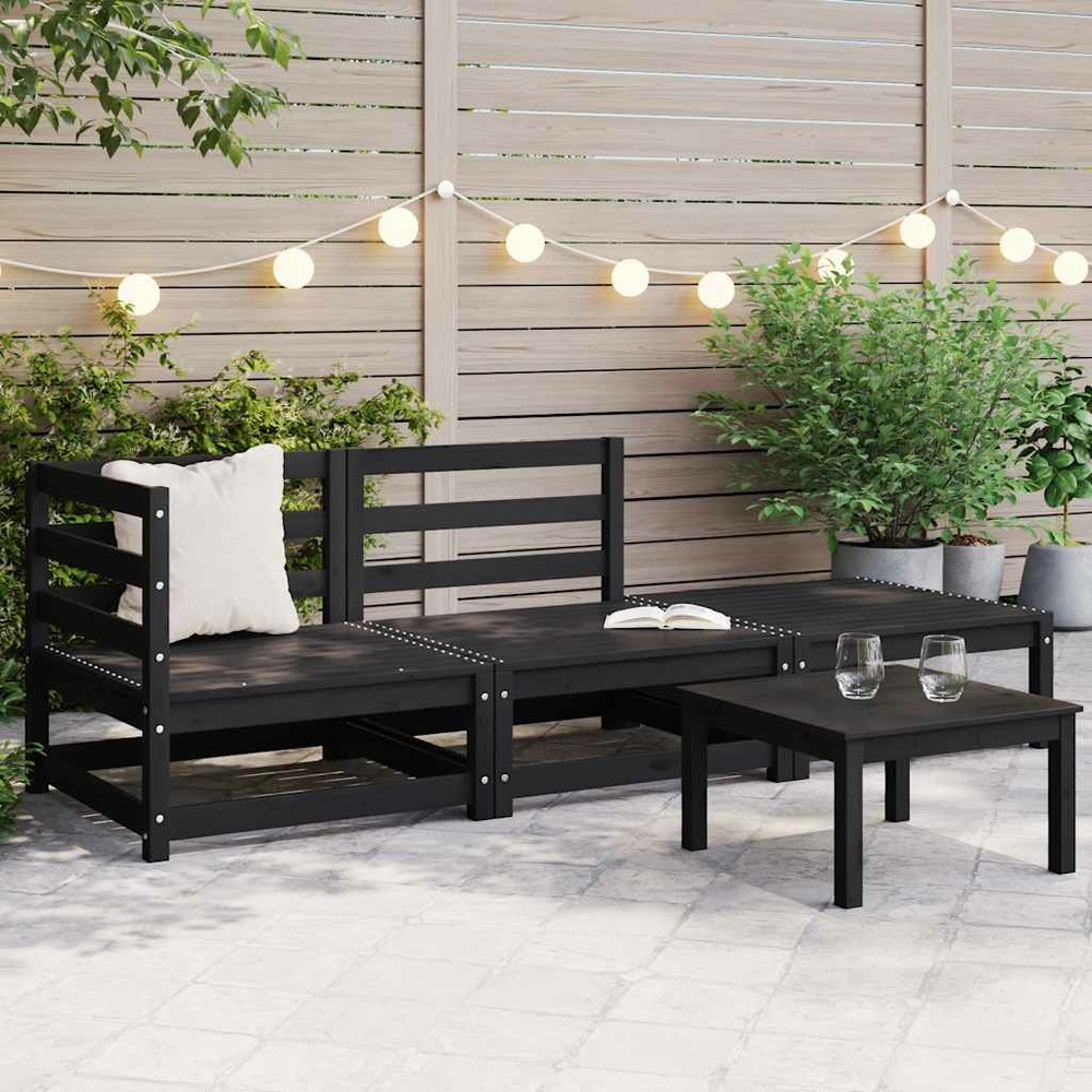 Salon de jardin 3 pcs noir bois de pin massif