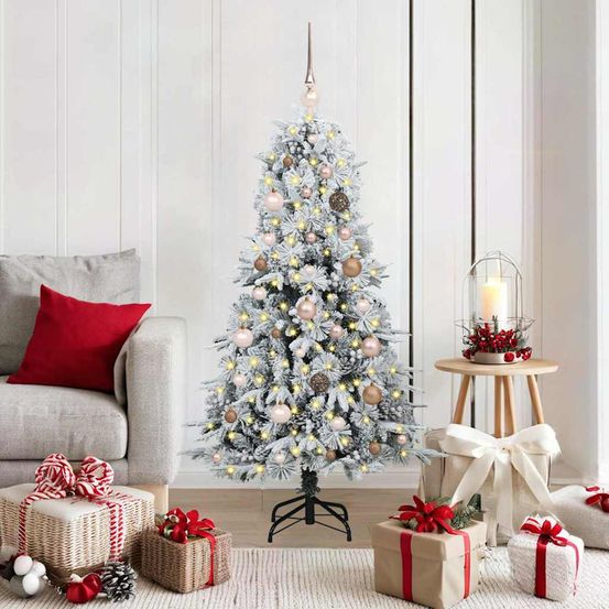 Kit sapin de noël vert 150cm prêt à poser avec lumières led et décorations naturelles