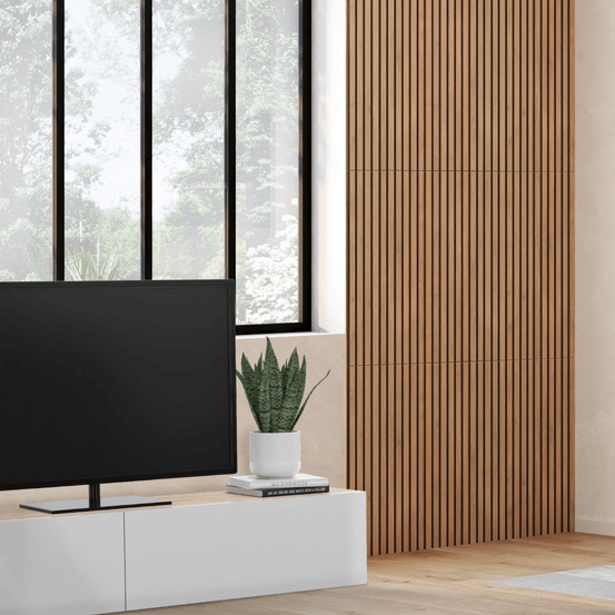 Panneaux acoustiques en tasseaux de bois 240 x 60 cm effet chêne clair et noir