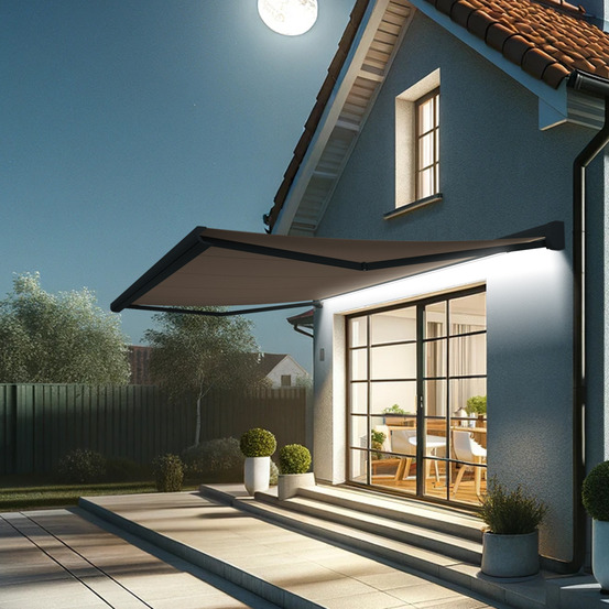 Store banne coffre intégral celeste 5,00x3,00 m (motorisé secours à télécommande + led - gris anthracite ral7016st - taupe)