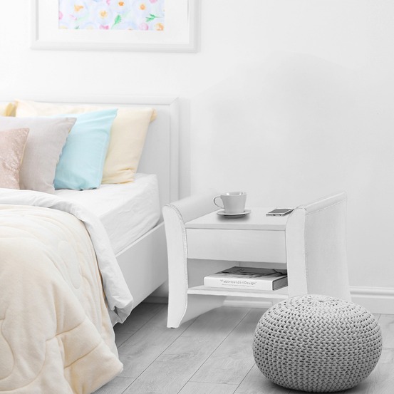 Table de chevet en simili blanc avec 1 tiroir et 1 étagère linden