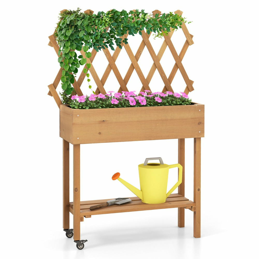 Lit de jardin surélevé en bois avec treillis etagère de rangement jardinière surélevée avec roues verrouillables doublure en