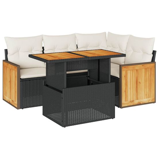 Salon de jardin 5 pcs avec coussins noir résine tressée acacia