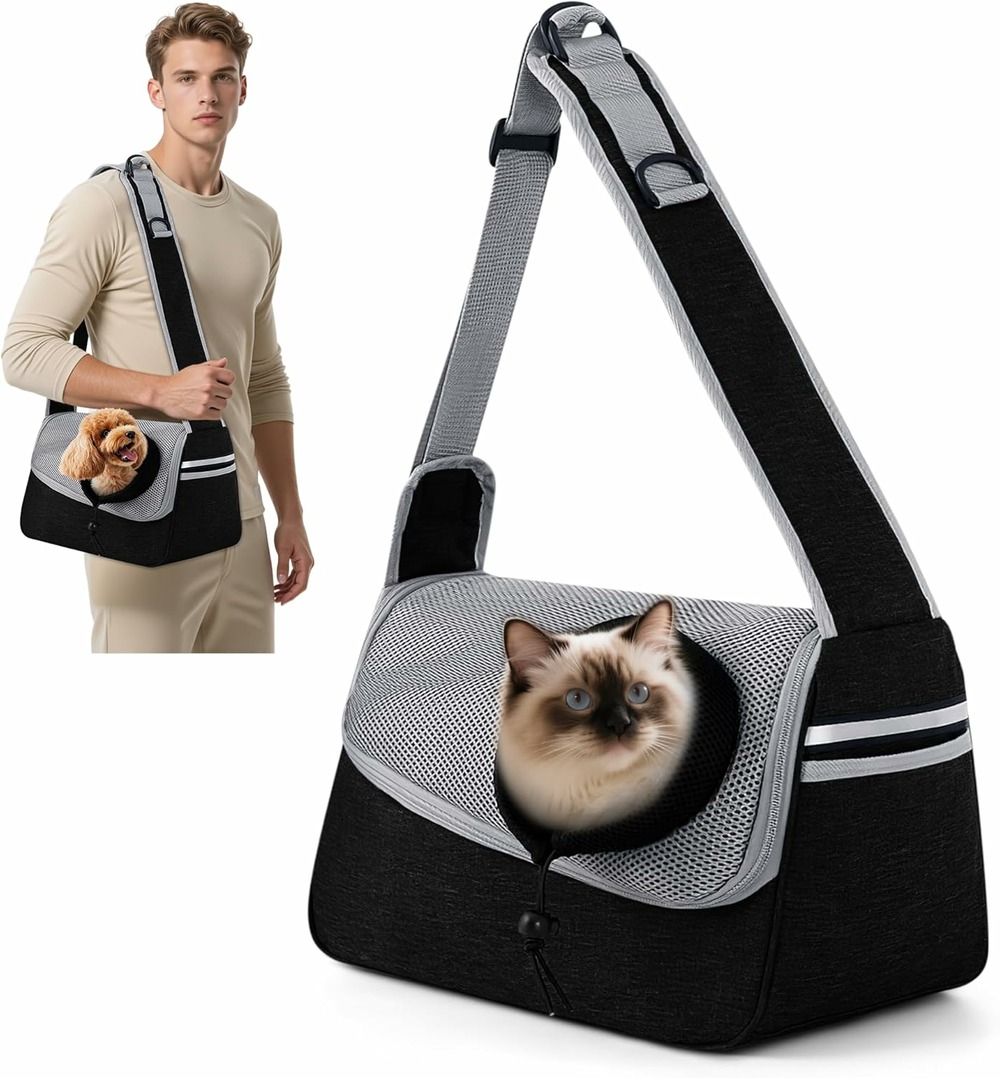 Sac de transport ajustable à bandoulière pour animaux gris noir