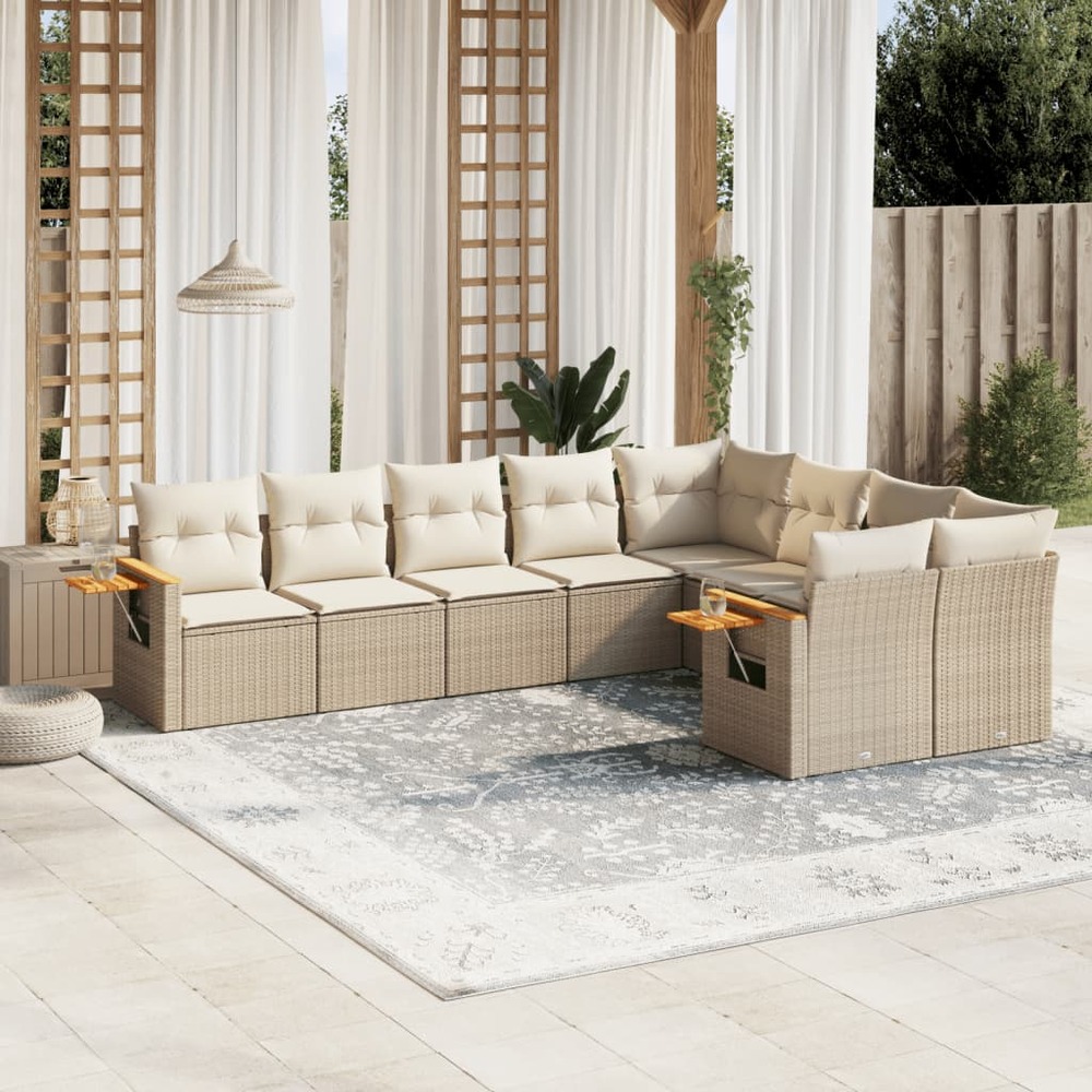 Salon de jardin avec coussins 9 pcs beige résine tressée