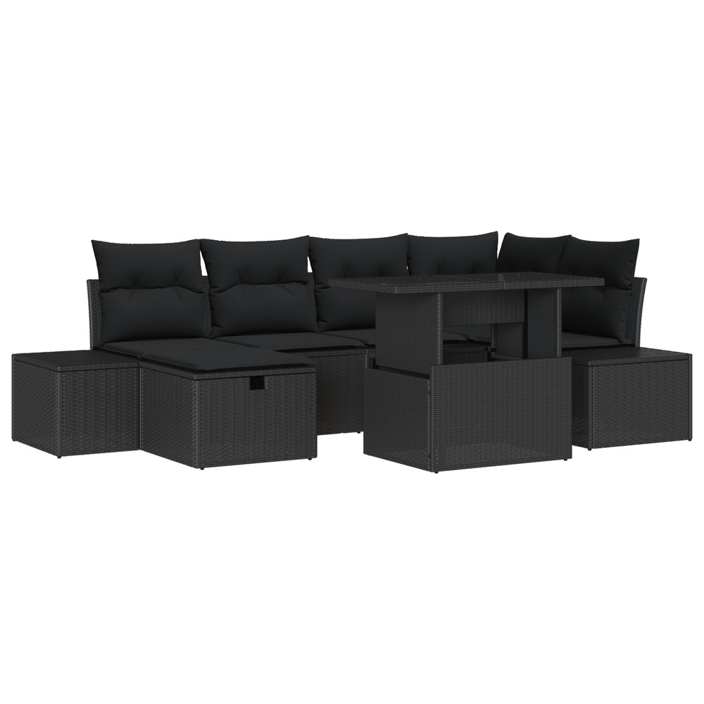 Set de 7 canapés de jardin avec coussins en poly rattan noir