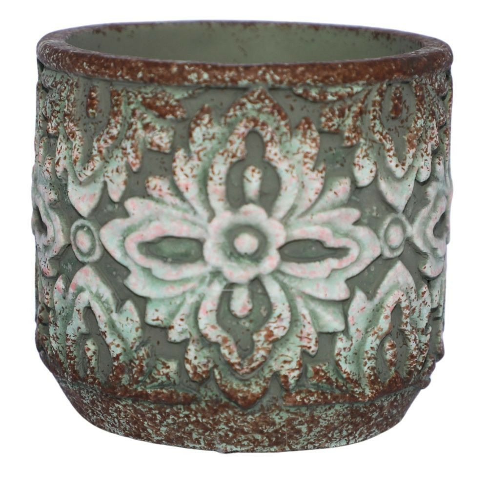 Cache-pot rond en ciment vieilli vert/rose ø.14 x ht.13 cm