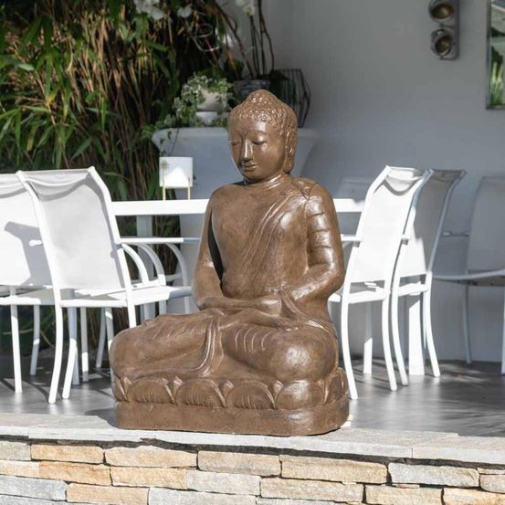 Statue jardin bouddha assis en fibre position offrande 105 cm brun