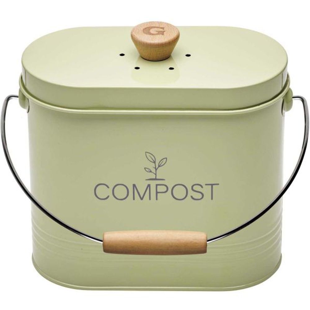 Composteur de cuisine ovale en métal avec filtre vert pastel - 3 litres