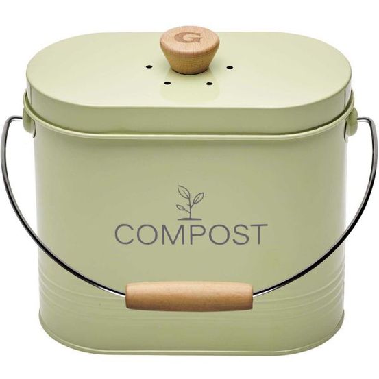 Composteur de cuisine ovale en métal avec filtre vert pastel - 3 litres