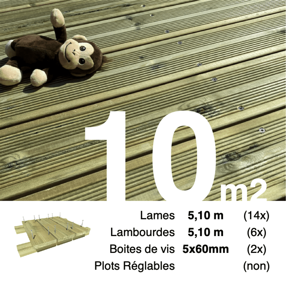 Kit terrasse pin autoclave vert pour 10 m², lames 5,1 m, lambourdes 5,1 m et visserie inox.