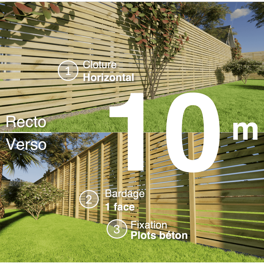 Kit clôture bois moderne 10m – h 2,3m – 20 x 60 mm autoclave vert – pose horizontal – simple face – à sceller