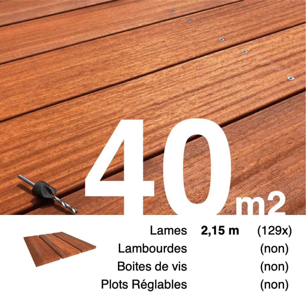Planches de terrasse bois exotique padouk pour 40 m², longueur 2,15 m.