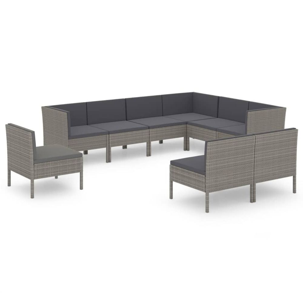 Salon de jardin 9 pcs avec coussins résine tressée gris