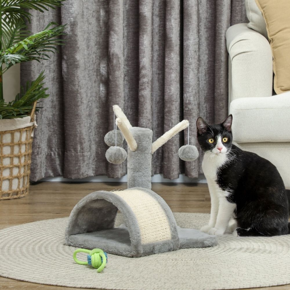 Arbre à chat griffoir sisal peluche avec niche jouets 40cm gris clair - comfortxl pet living