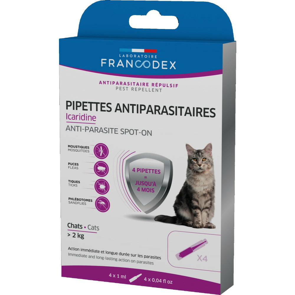 4 pipettes antiparasitaires icardine pour chats plus de 2 kg