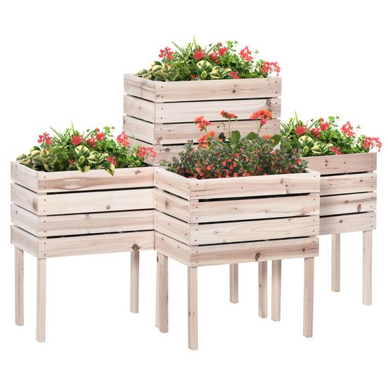 Lot de 4 jardinières sur pieds bois modulables carré potager pour balcon jardin 50x30x60 cm