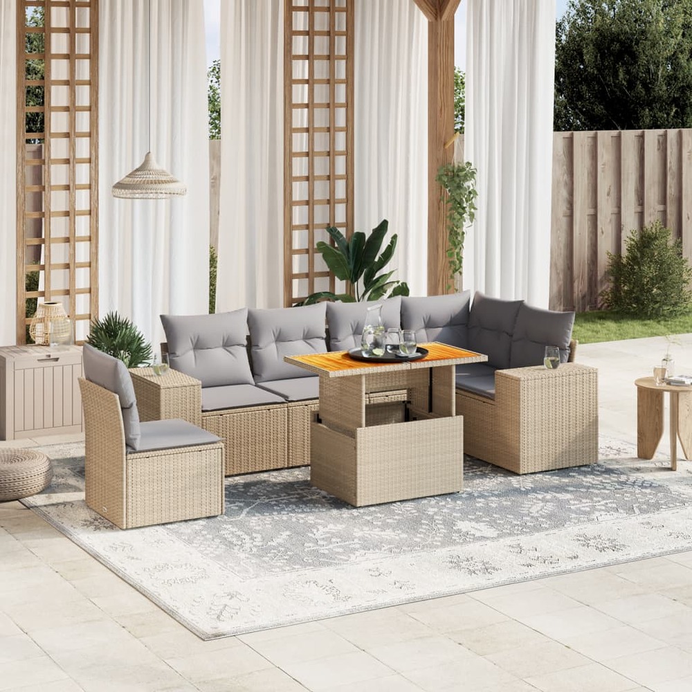 Salon de jardin avec coussins 7 pcs beige résine tressée