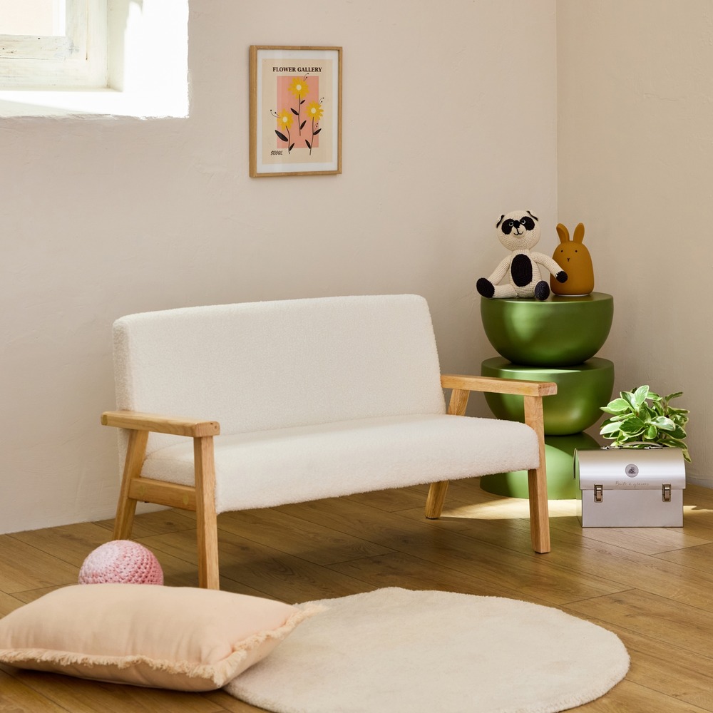 Banquette canapé enfant en bois et tissu bouclette. Isak. L 84 x p 43.5 x h 50cm