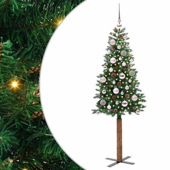 Sapin de noël 150 cm tout inclus, pvc et tronc en bois, guirlande 150 led et kit déco complet