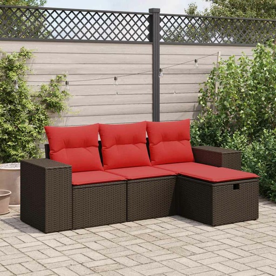 Salon de jardin 4 pcs avec coussins marron résine tressée