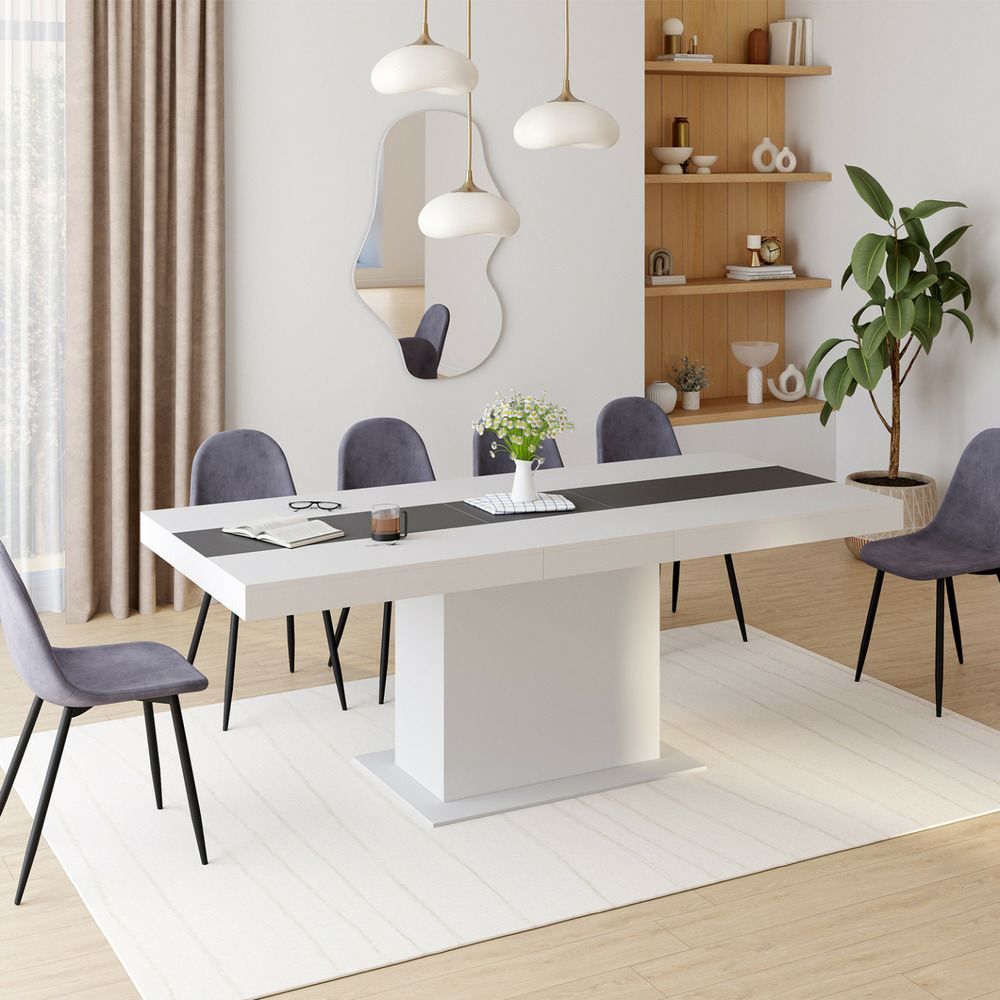 Table à manger extensible rectangle eden 6-10 personnes blanche et bande centrale grise 160-200 cm