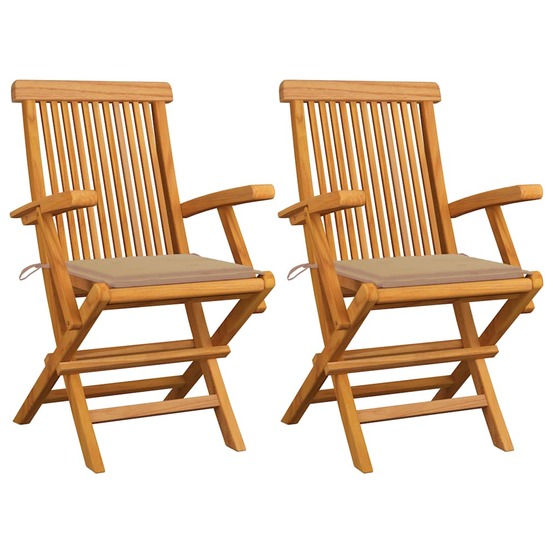 Chaises de jardin et coussins beige lot de 2 bois teck massif