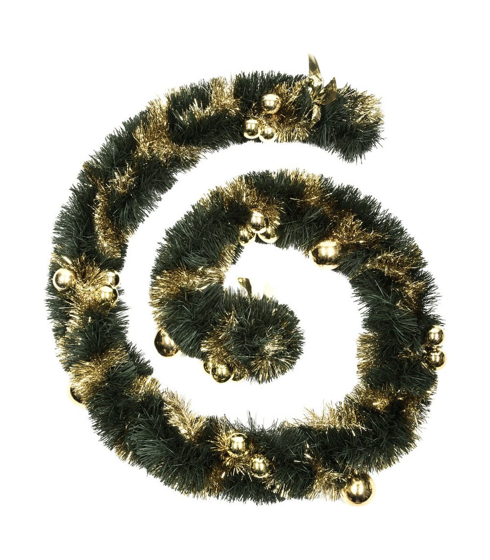 Guirlande de noël large 10 cm vert avec déco boules or longueur 2.7 mètres