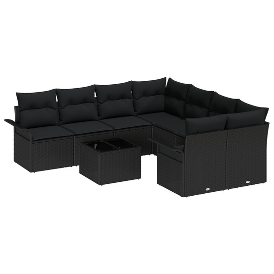 Ensemble de canapés de jardin 9 pièces avec coussins noir poly rattan