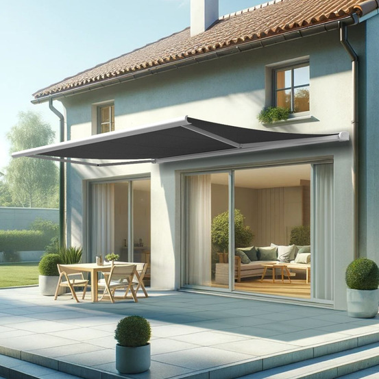 Store banne coffre intégral hevoa 5,00x3,50 m (motorisé secours à télécommande - blanc satiné ral9010 - gris graphite)