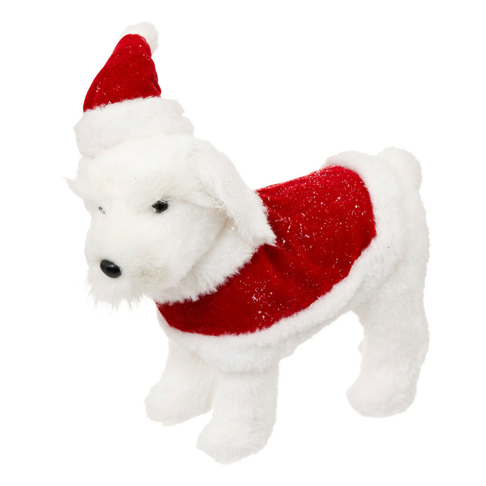 Déco de noël chien en habit de noël rouge et blanc h 30 cm