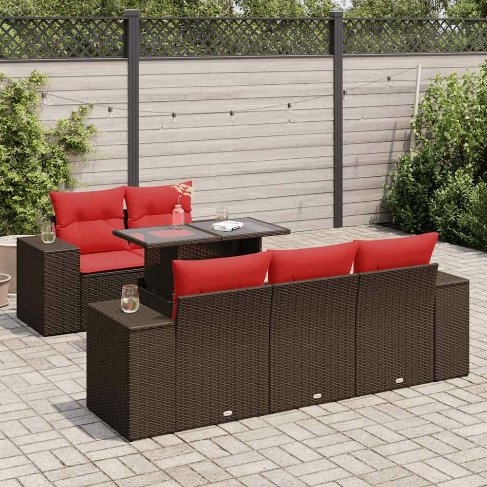 Salon de jardin avec coussins 6pcs marron résine tressée acacia
