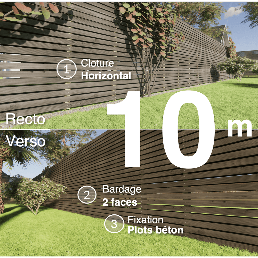 Kit clôture bois moderne 10m – h 2,3m – 20 x 70 mm noir par trempage – pose horizontal – double face – à sceller