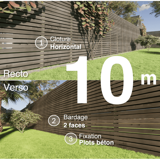 Kit clôture bois moderne 10m – h 2,3m – 20 x 70 mm noir par trempage – pose horizontal – double face – à sceller