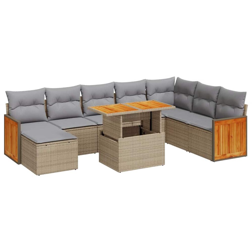 Salon de jardin avec coussins 9 pcs beige résine tressée acacia